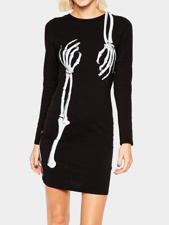 Black Round Neck Long Sleeve Bodycon Hem Mini Dress