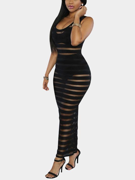 Black Round Neck Sleeveless Stripe Bodycon Maxi Dress