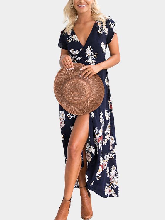 Navy V-Neck Floral Print Wrap Maxi Dresses