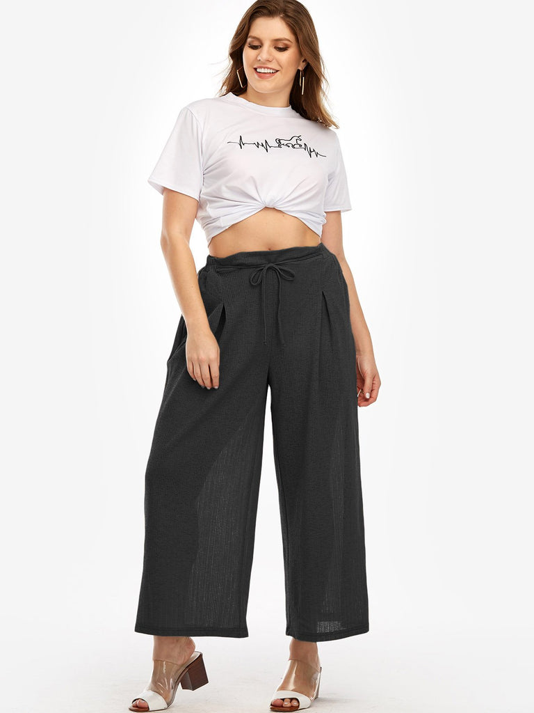 Plus Size Wide Leg Drawstring Waist Pants