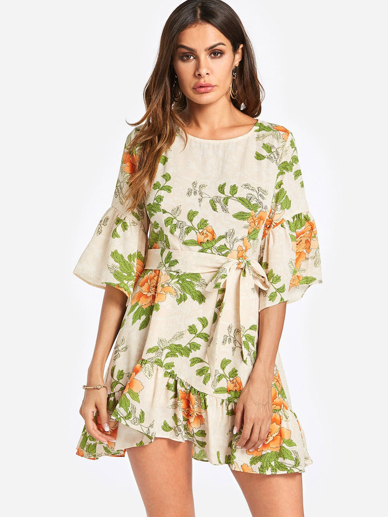 Green Crew Neck Half Sleeve Floral Print Dresses