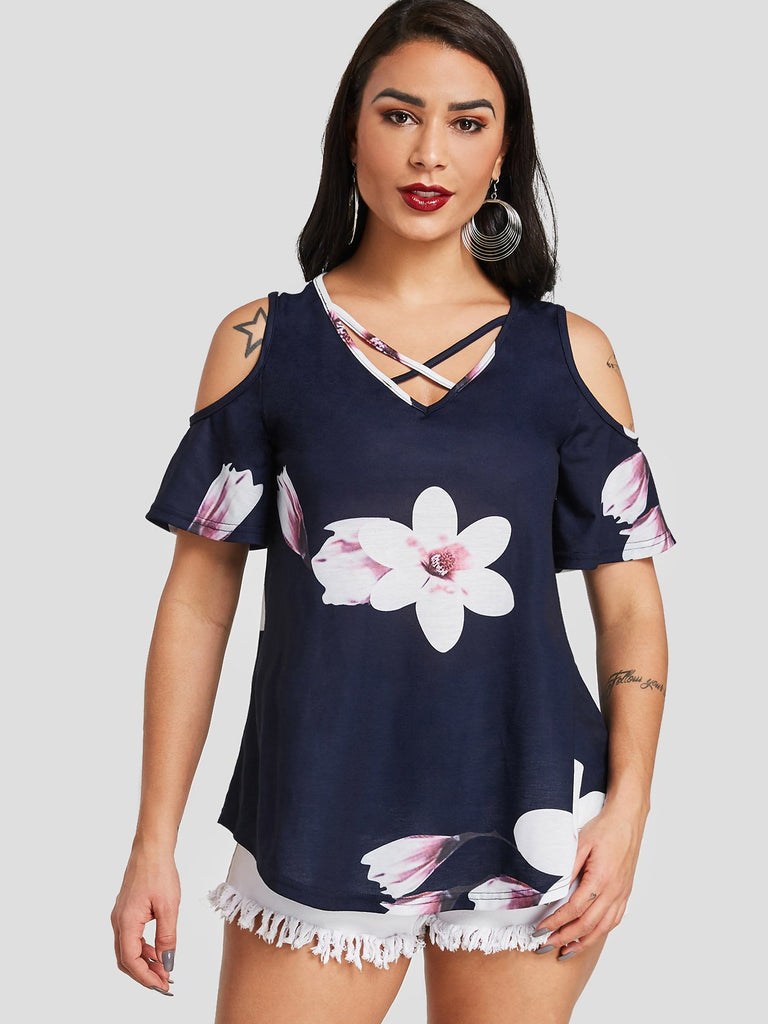 Cold Shoulder Floral Print Criss-Cross Short Sleeve Navy T-Shirts