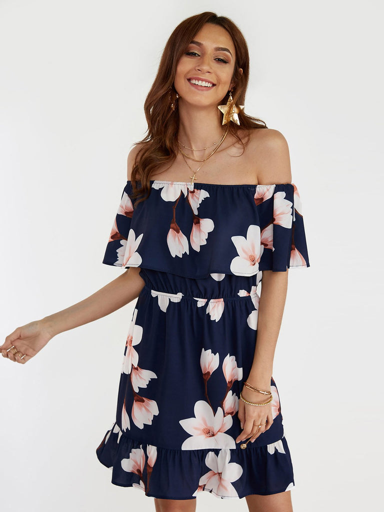 Navy Off The Shoulder Short Sleeve Floral Print Tiered Ruffle Hem Dresses