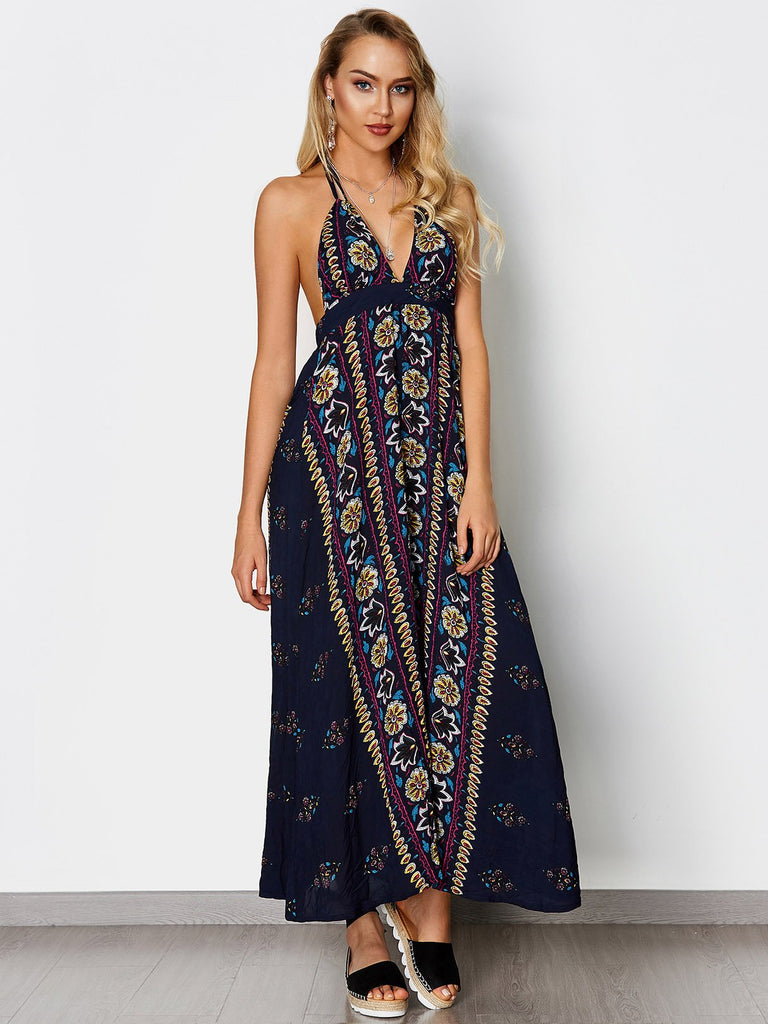 Halter Sleeveless Floral Print Backless Spaghetti Strap Dresses