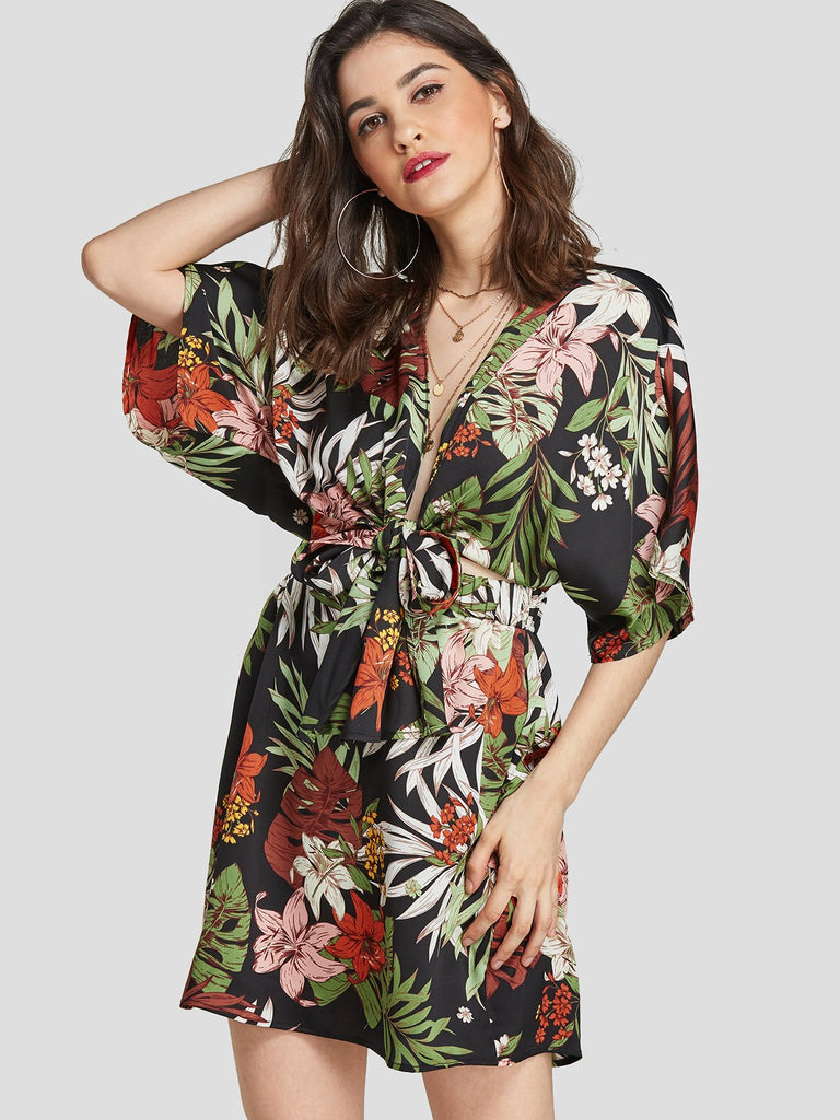 Deep V Neck Half Sleeve Floral Print Cut Out Self-Tie Dresses