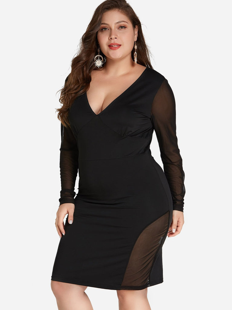V-Neck Plain Long Sleeve Bodycon Black Plus Size Dress