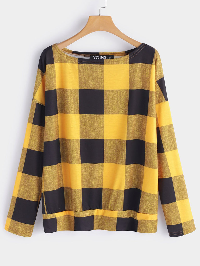 One Shoulder Grid Long Sleeve T-Shirts