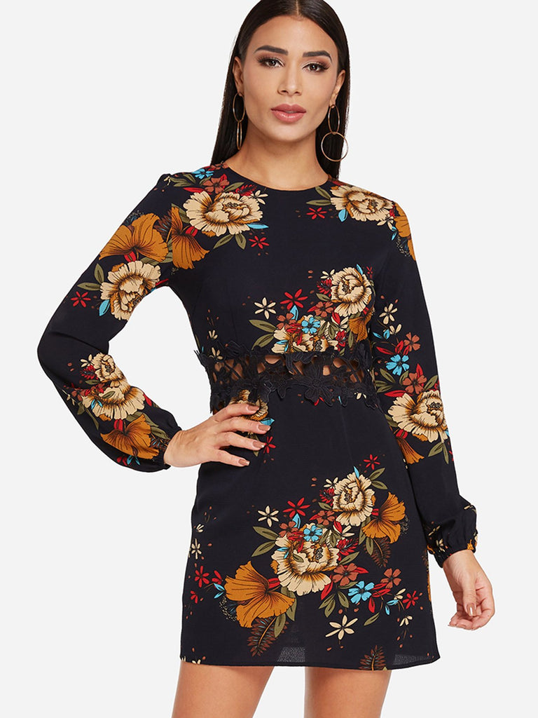 Black Crew Neck Long Sleeve Floral Print Lace Dresses