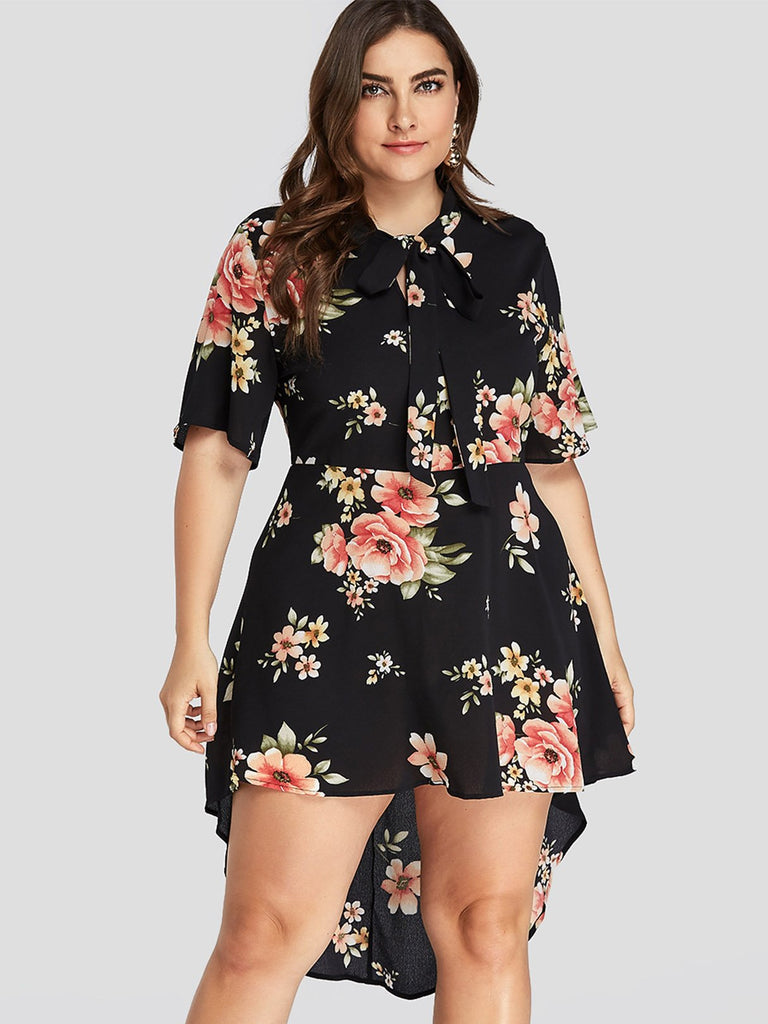 Lapel Collar Floral Print Self-Tie Half Sleeve Plus Size Dress