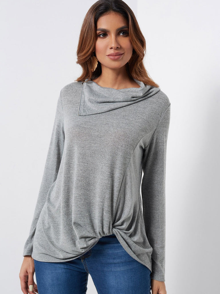 Lapel Collar Crossed Front Long Sleeve Grey Top
