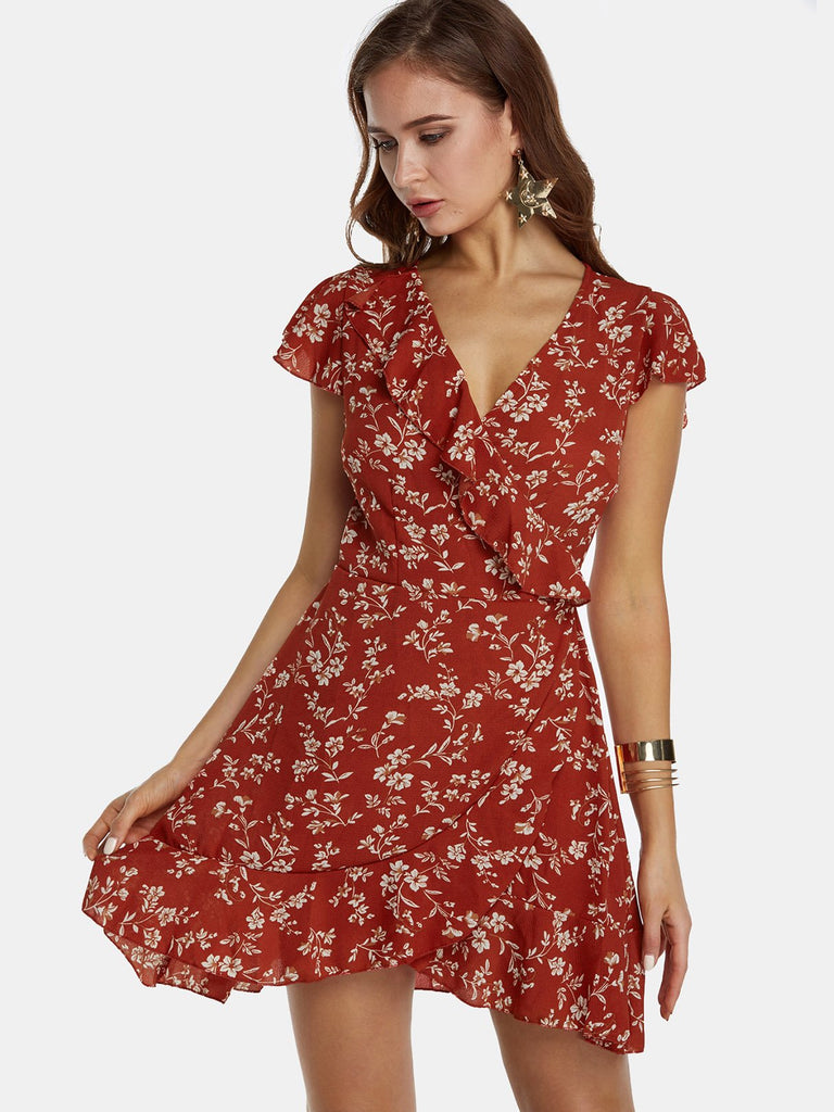 Deep V Neck Short Sleeve Floral Print Crossed Front Lace-Up Irregular Hem Mini Dress