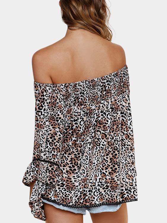 Off The Shoulder Leopard 3/4 Sleeve Blouses