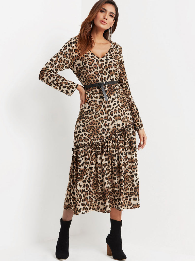 Ladies Leopard V-Neck Dresses