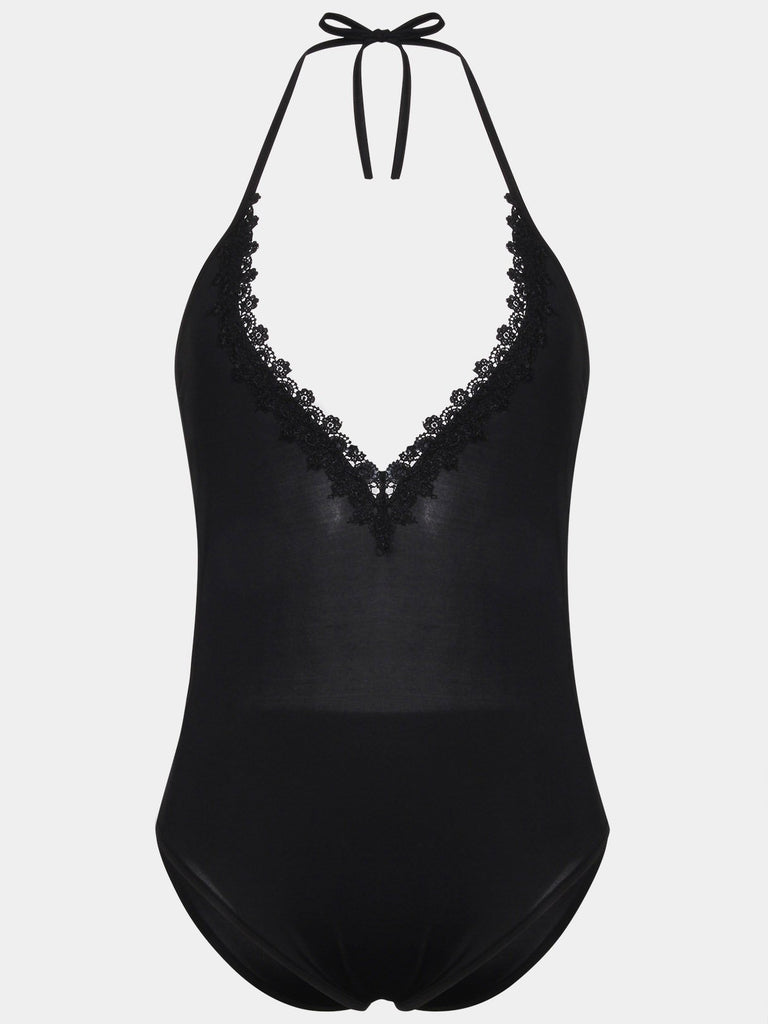 Black V-Neck Sleeveless Lace Backless Lace-Up One-Pieces Swimsuits