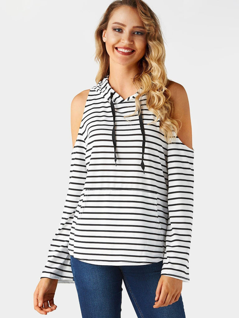 Cold Shoulder Stripe Side Pockets Hooded Long Sleeve T-Shirts
