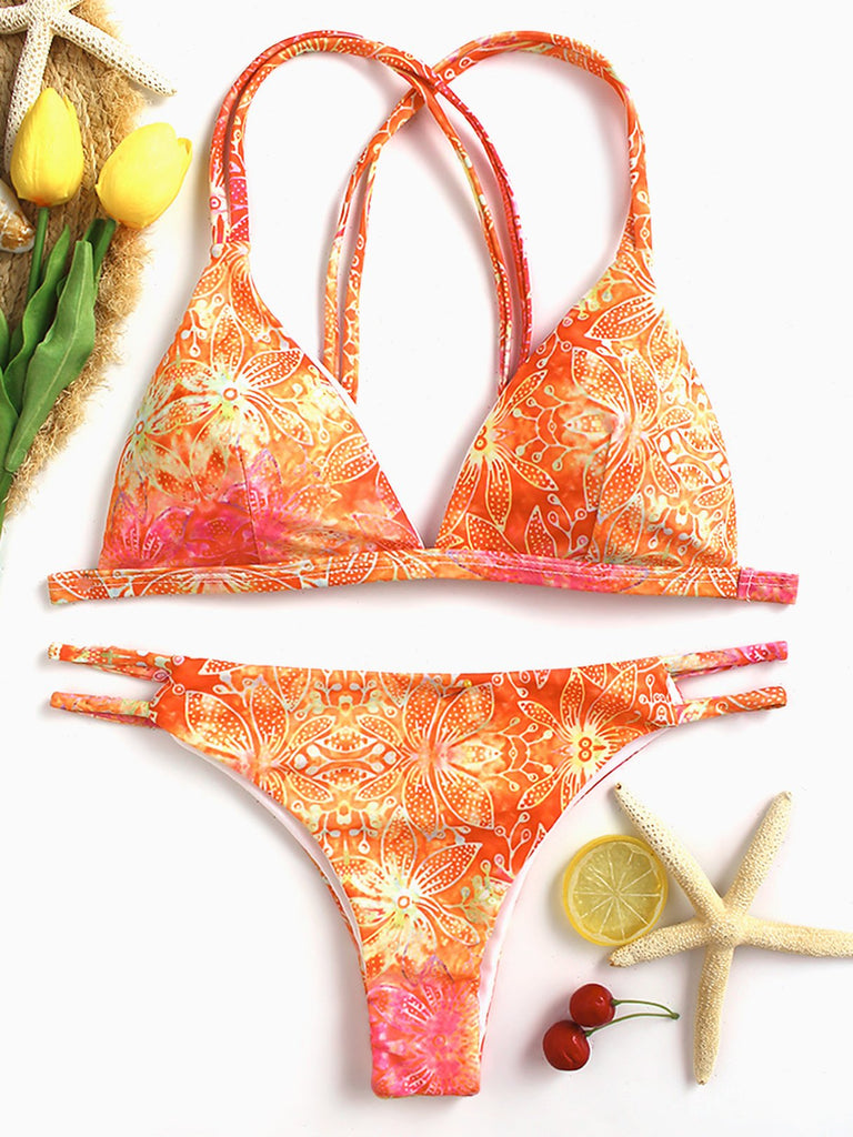 V-Neck Sleeveless Floral Print Backless Bikini Set