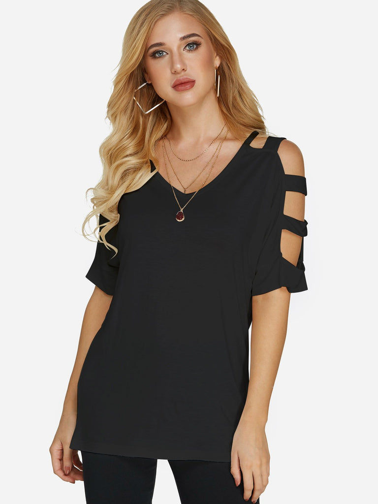Cold Shoulder Cut Out Half Sleeve Black T-Shirts