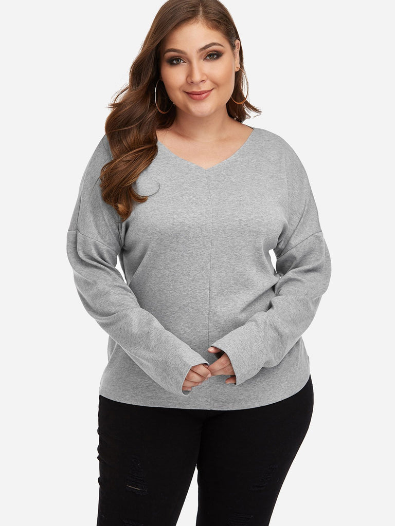 V-Neck Plain Long Sleeve Plus Size Tops