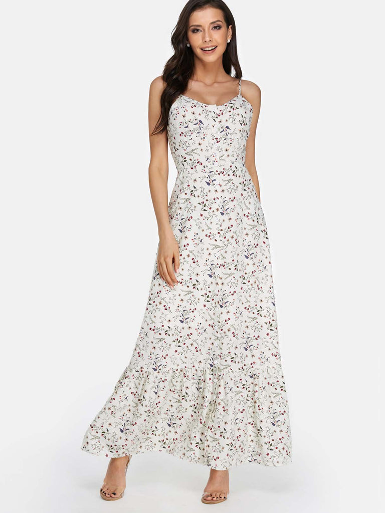 White Scoop Neck Sleeveless Floral Print Backless Maxi Dress