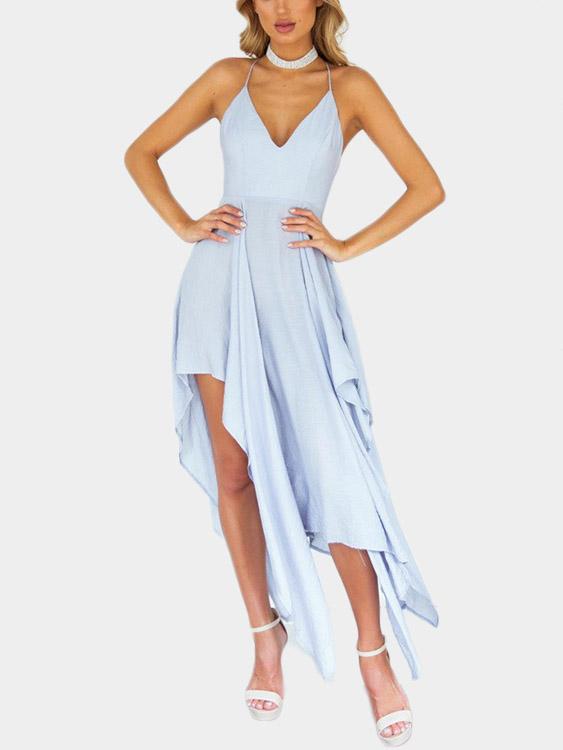 Sky Blue V-Neck Sleeveless Backless Irregular Asymmetrical Hem Dresses