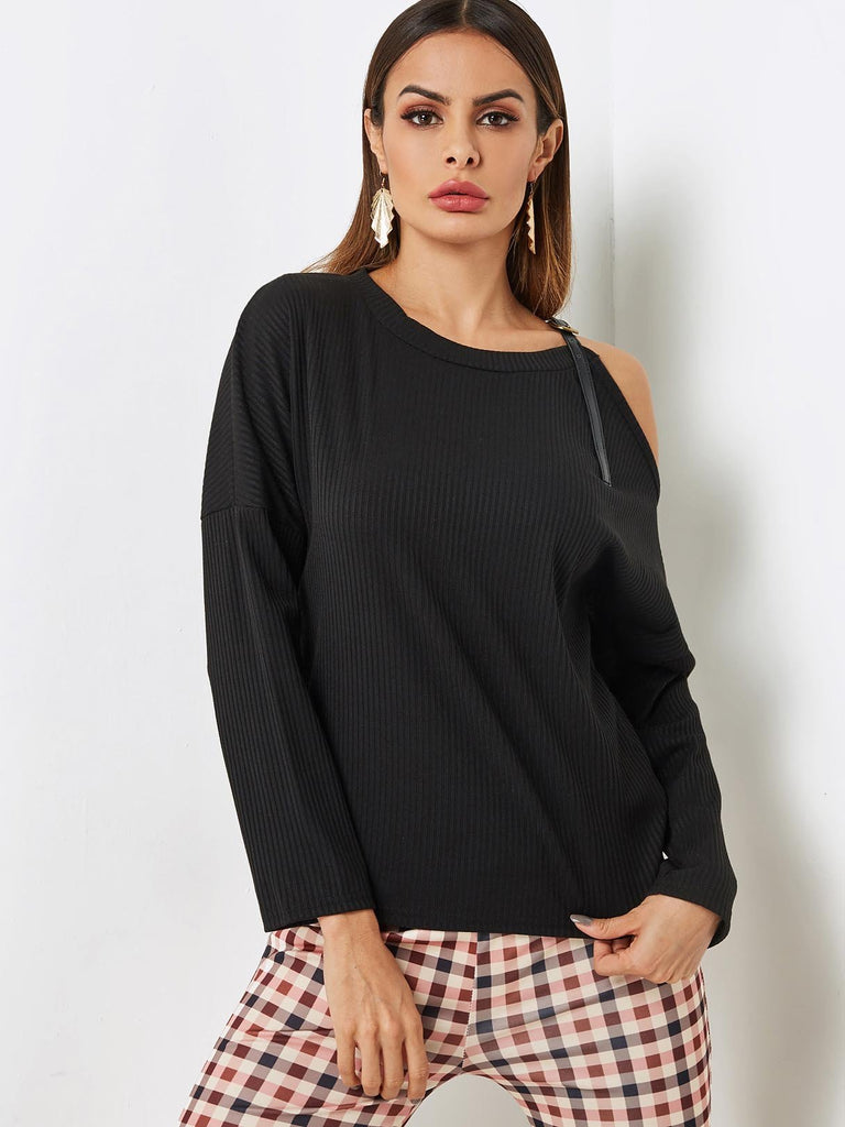 Cold Shoulder Plain Long Sleeve Black T-Shirt