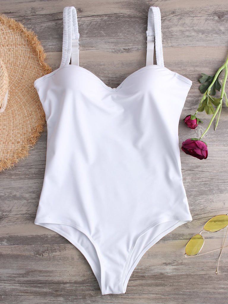 White V-Neck Sleeveless One-Pieces Swimsuits