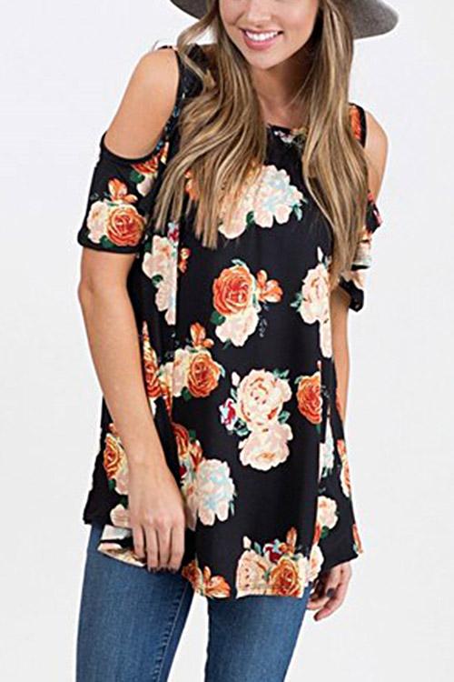 Round Neck Cold Shoulder Floral Print Short Sleeve Top