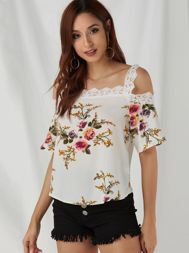 Cold Shoulder Floral Print Lace Short Sleeve White Top