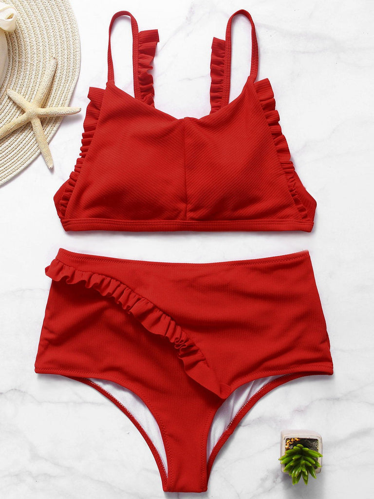 Red Scoop Neck Sleeveless Plain Self-Tie Tie-Up Flounced Hem High Waist 2 Piece Bikinis