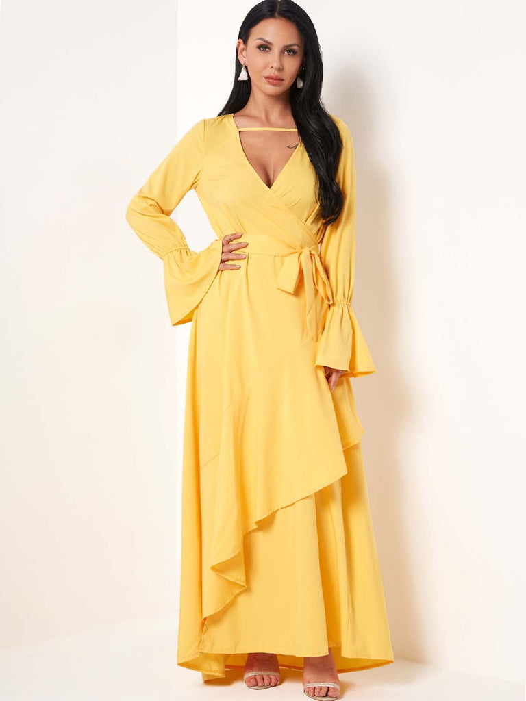 Yellow V-Neck Long Sleeve Tie-Up Wrap Asymmetrical Hem Dresses