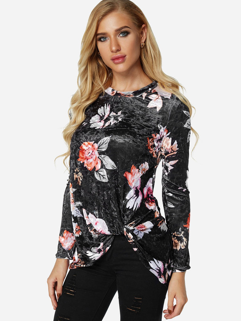 Round Neck Floral Print Crossed Front Long Sleeve Irregular Hem Black T-Shirts
