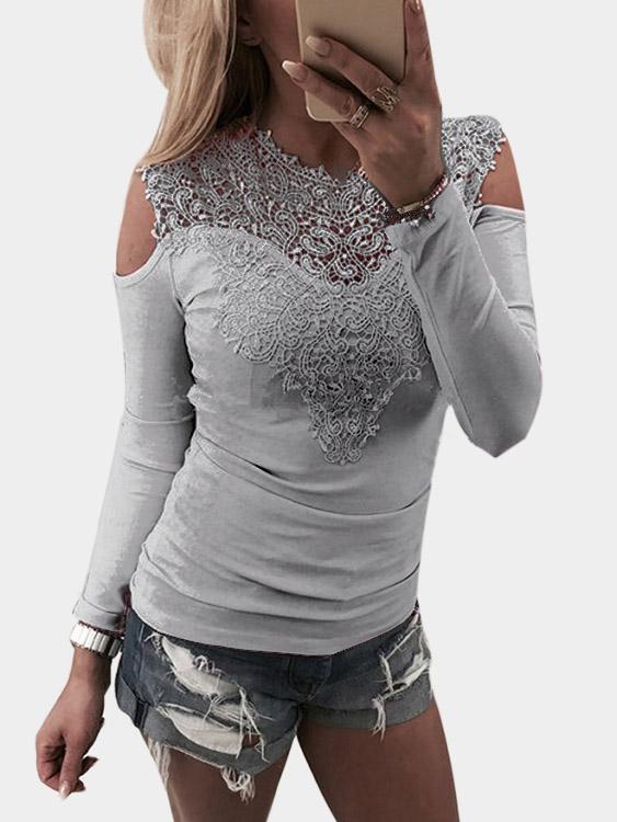 Cold Shoulder Plain Lace Cut Out Long Sleeve Grey T-Shirts