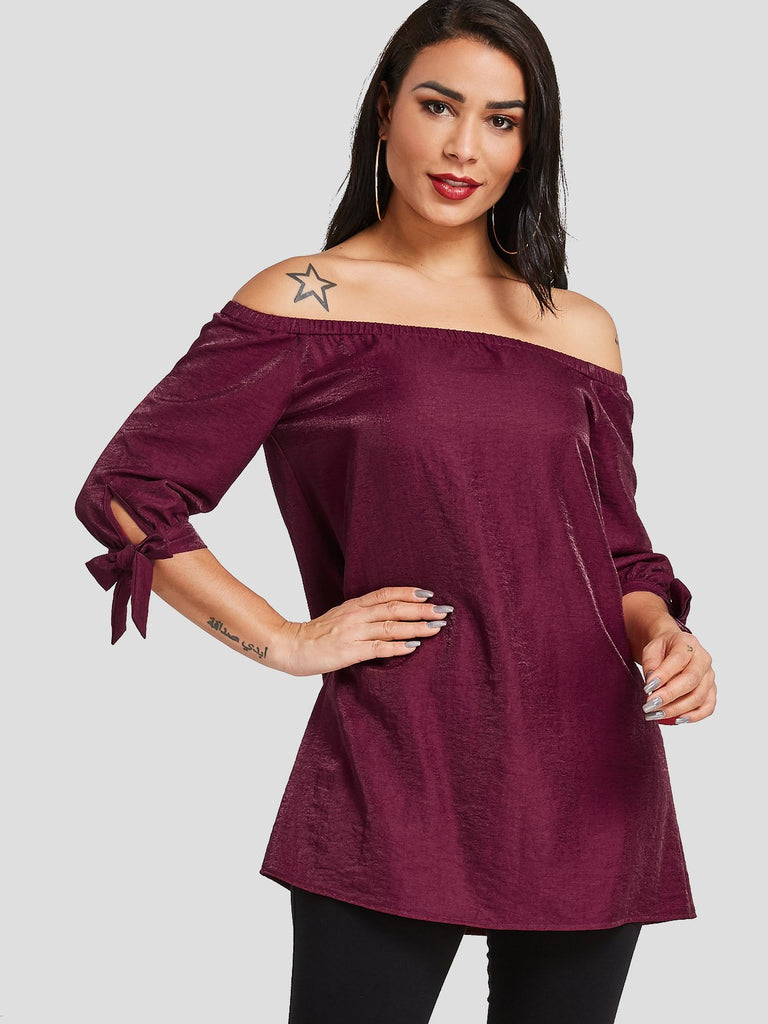 Off The Shoulder Self-Tie Half Sleeve Burgundy Blouses