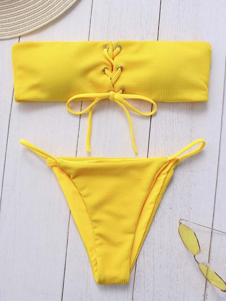 Off The Shoulder Plain Lace-Up Sleeveless Yellow Bikinis