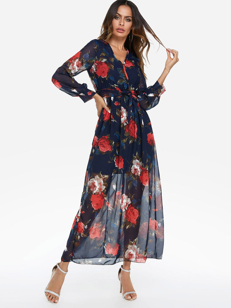 Navy V-Neck Long Sleeve Floral Print Belt Maxi Dress