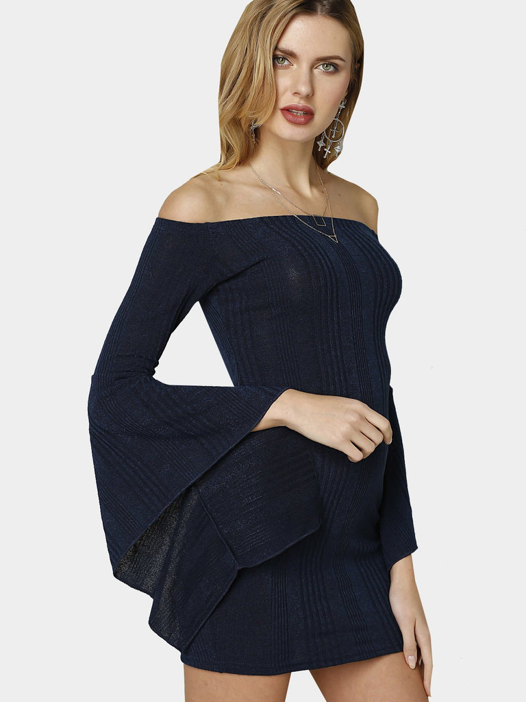 Navy Off The Shoulder Long Sleeve Plain Bodycon Hem Dresses