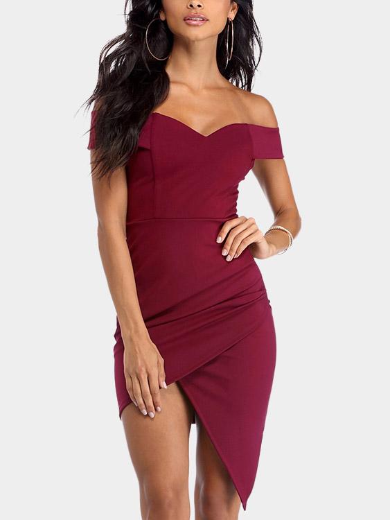 Burgundy Off The Shoulder Short Sleeve Plain Slit Irregular Hem Mini Dresses