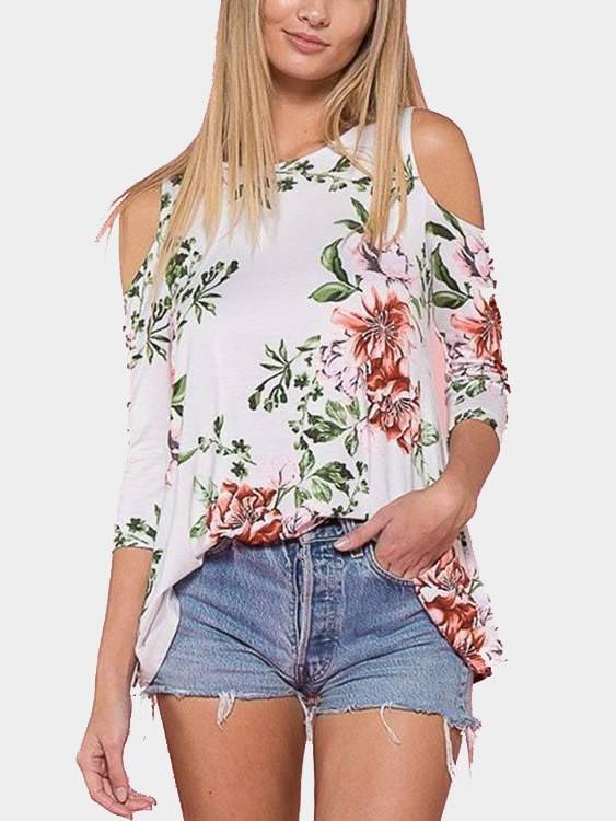 White Round Neck Cold Shoulder 3/4 Sleeve Length Floral Print Cut Out Top