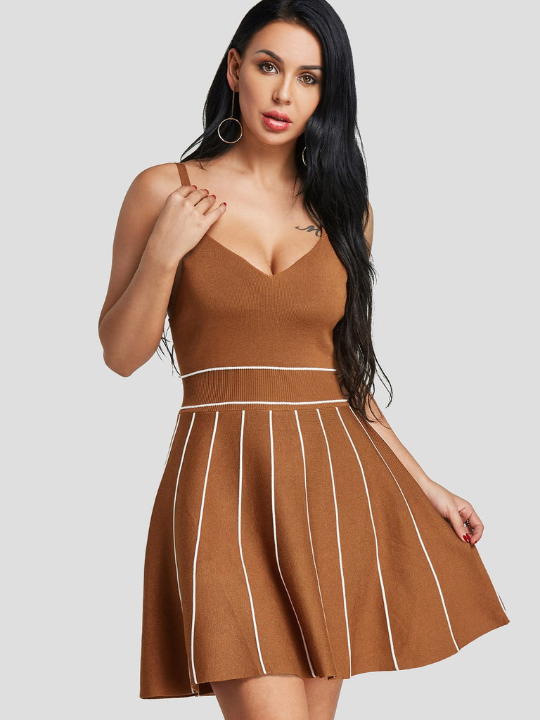 Khaki V-Neck Sleeveless Stripe Spaghetti Strap Casual Dresses