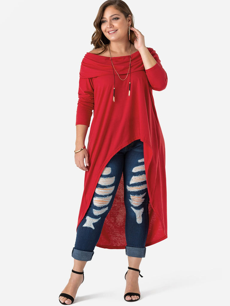 Off The Shoulder Plain Backless Long Sleeve Irregular Hem Red Plus Size Tops