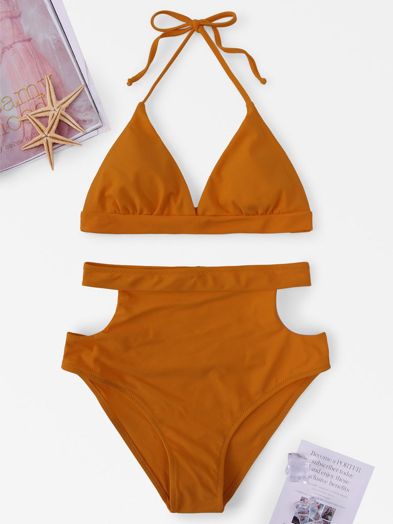 Halter V-Neck Sleeveless Plain Backless Cut Out Tie-Up High Waist 2 Piece Bikinis