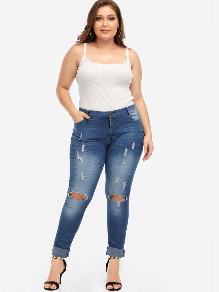 Plain Random Ripped Blue Plus Size Bottoms