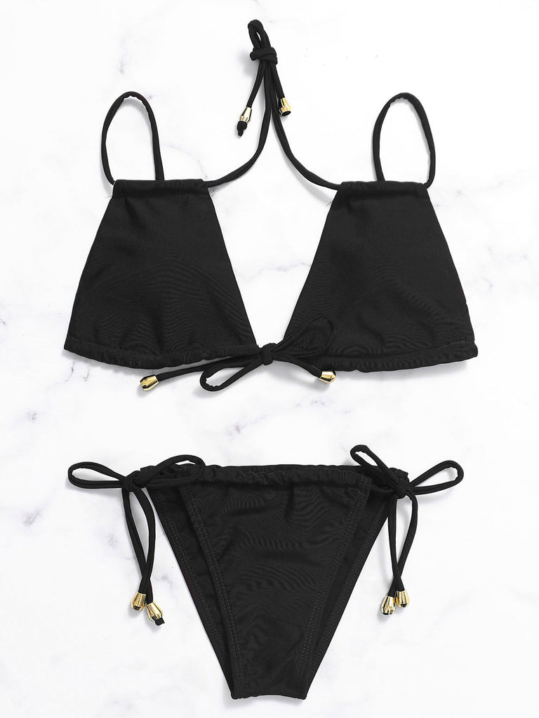 V-Neck Sleeveless Plain Backless Criss-Cross Tie-Up Bikinis