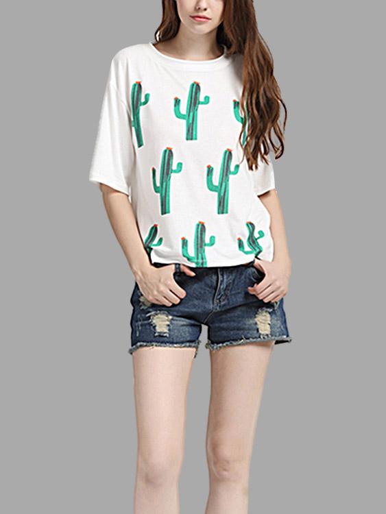 Round Neck Casual Loose Cactus Pattern Half Sleeve White T-Shirts