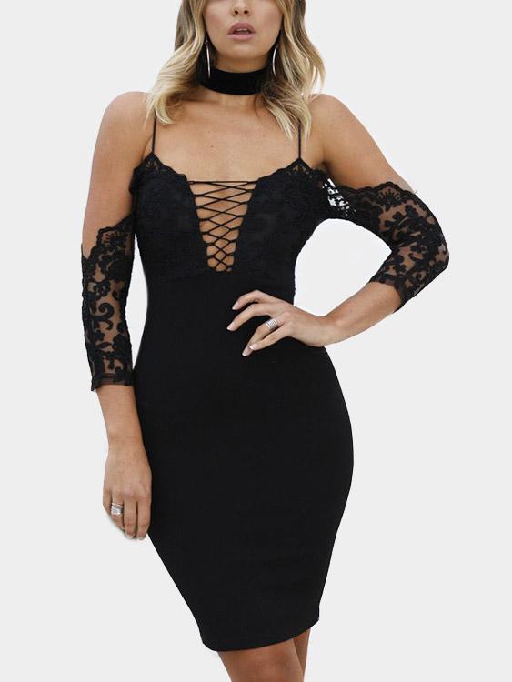 Black 3/4 Length Sleeve Crochet Lace Embellished Spaghetti Strap Midi Dress