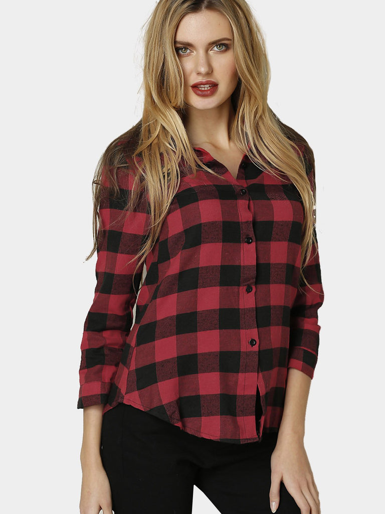 Lapel Collar Grid Pattern Button Front Shirt