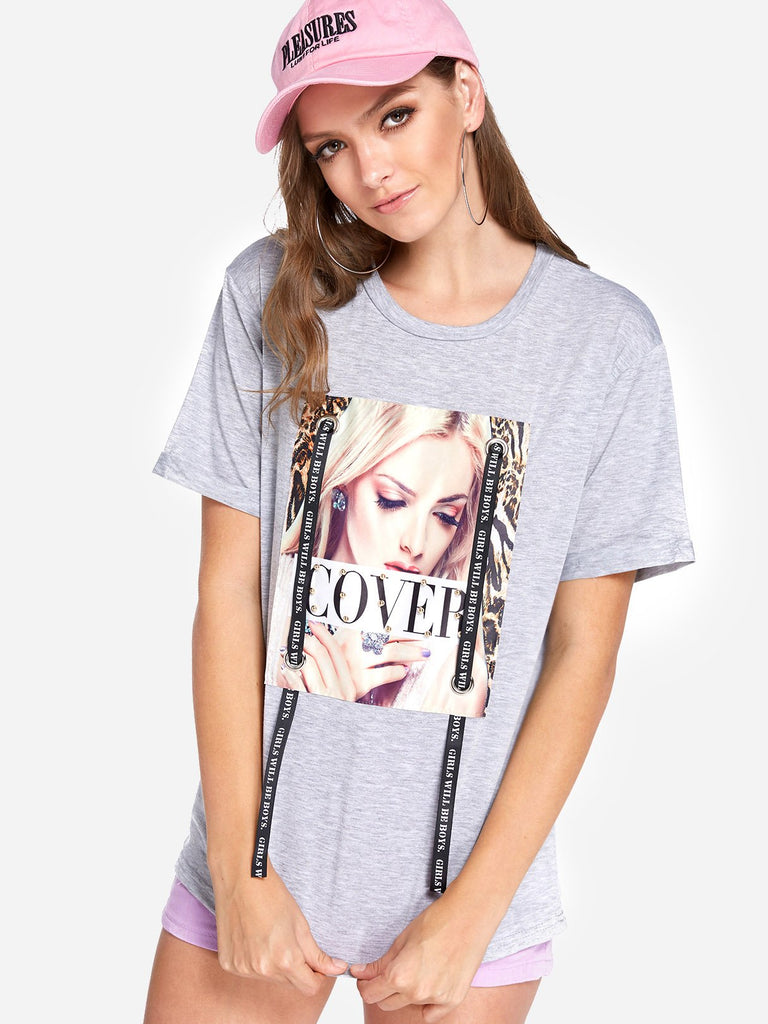 Round Neck Letter Printed Short Sleeve Grey T-Shirts