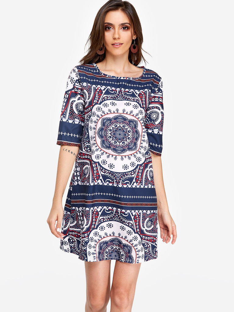 Navy Round Neck Half Sleeve Printed Casual Dresses