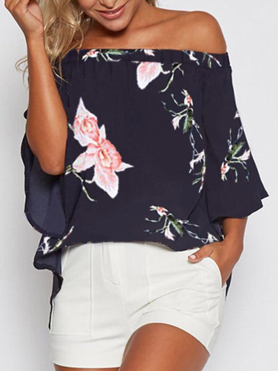 Off The Shoulder Floral Print Slit 3/4 Sleeve Irregular Hem Navy Blouses