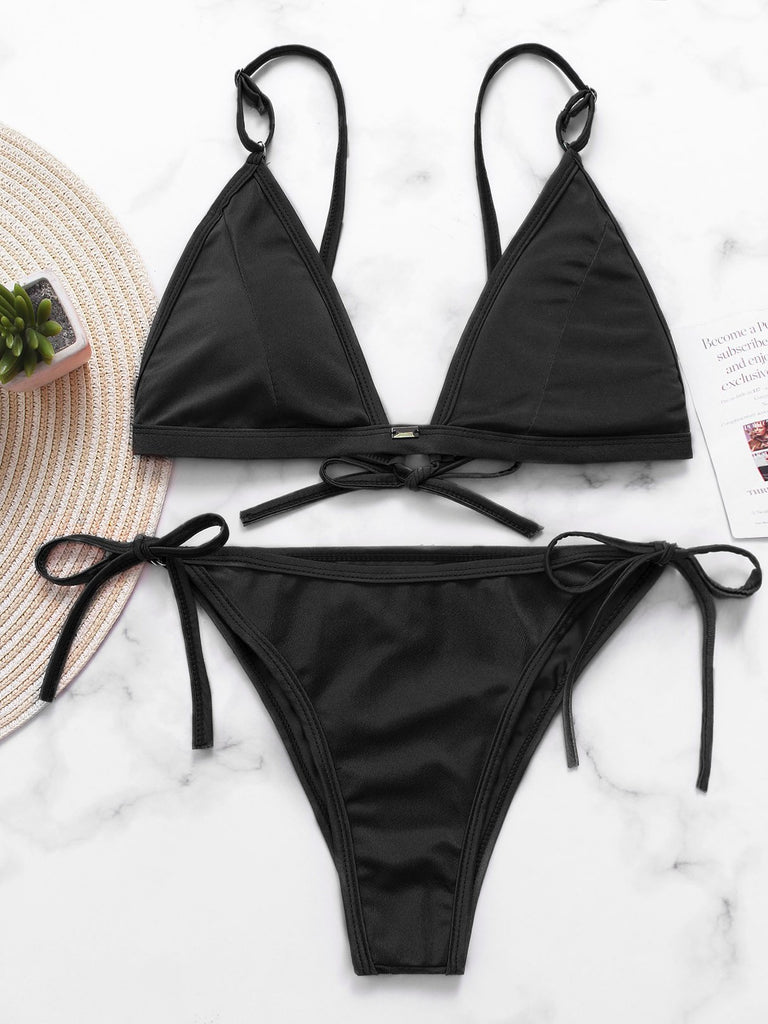 Black V-Neck Sleeveless Lace-Up Bikinis